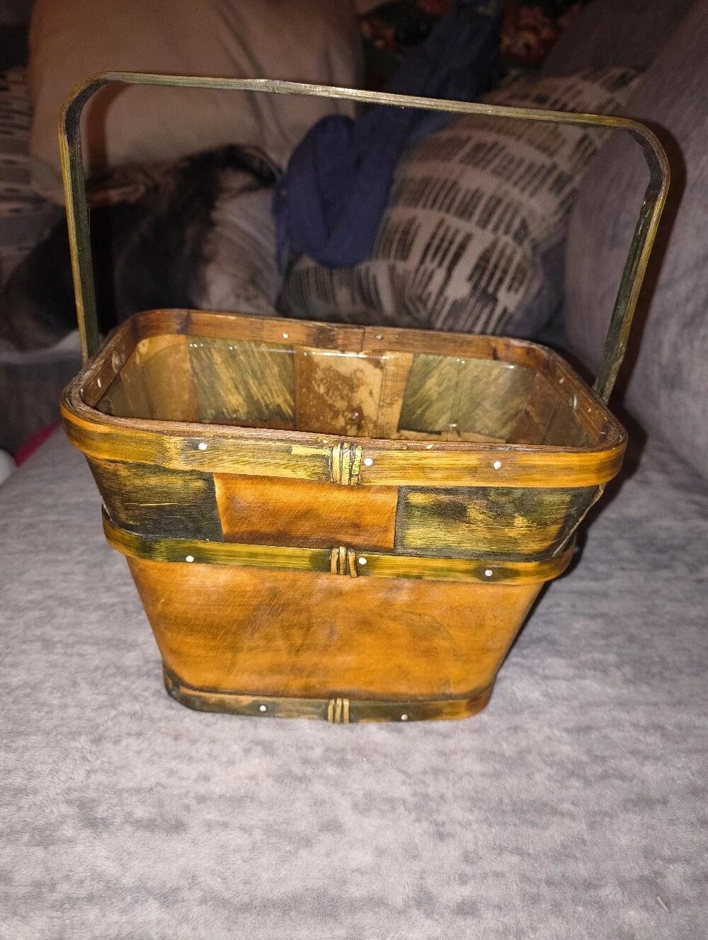 Handcrafted Brown Wooden Accent Basket with Handle